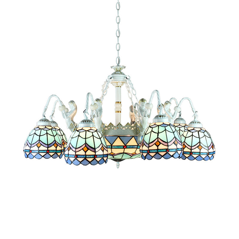 Tiffany Stained Glass Chandelier With Mediterranean Gem And Flower Design - 11-Light White Pendant