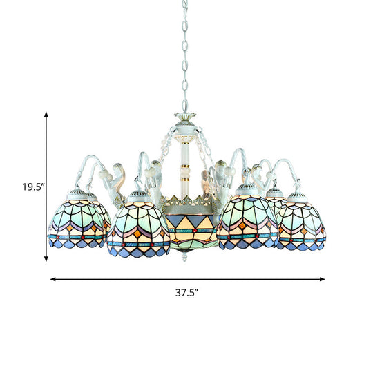 Tiffany Stained Glass Chandelier With Mediterranean Gem And Flower Design - 11-Light White Pendant