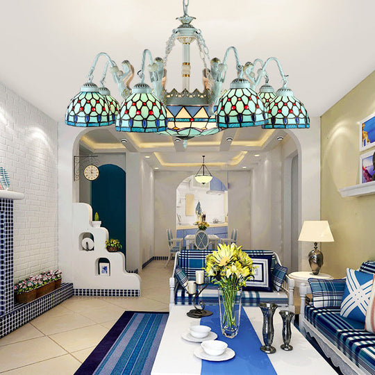 Tiffany Stained Glass Chandelier With Mediterranean Gem And Flower Design - 11-Light White Pendant