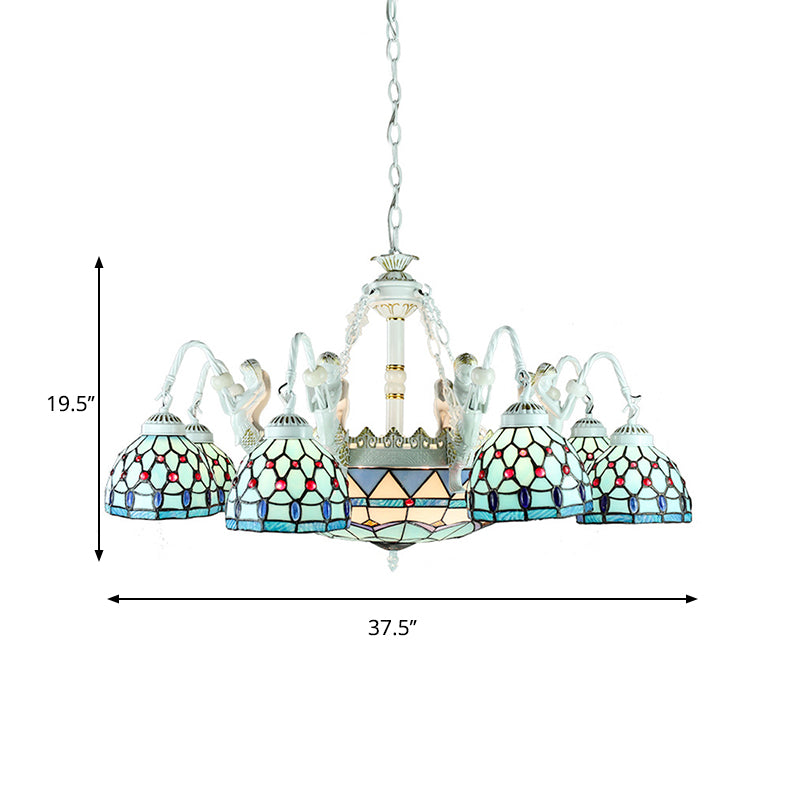 Tiffany Stained Glass Chandelier With Mediterranean Gem And Flower Design - 11-Light White Pendant