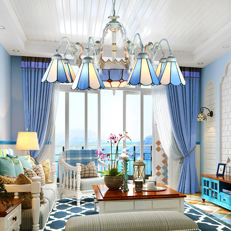 Tiffany Stained Glass Chandelier With Mediterranean Gem And Flower Design - 11-Light White Pendant