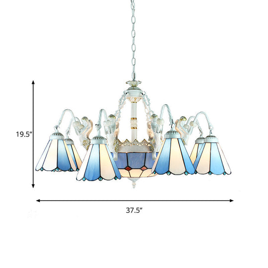 Tiffany Stained Glass Chandelier With Mediterranean Gem And Flower Design - 11-Light White Pendant
