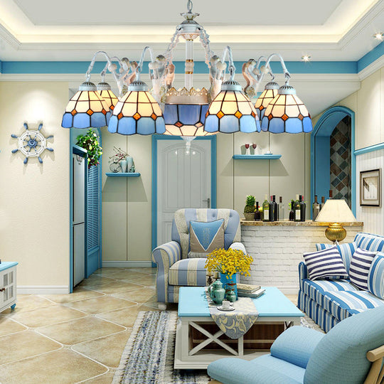 Tiffany Stained Glass Chandelier With Mediterranean Gem And Flower Design - 11-Light White Pendant