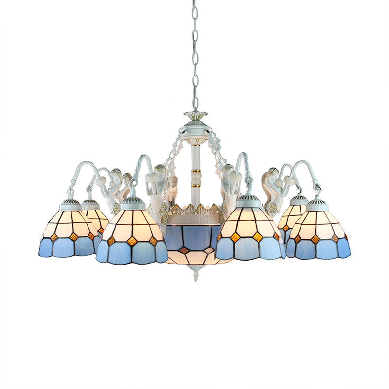 Tiffany Stained Glass Chandelier With Mediterranean Gem And Flower Design - 11-Light White Pendant