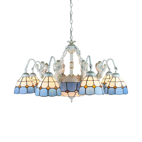 Tiffany Stained Glass Chandelier With Mediterranean Gem And Flower Design - 11-Light White Pendant