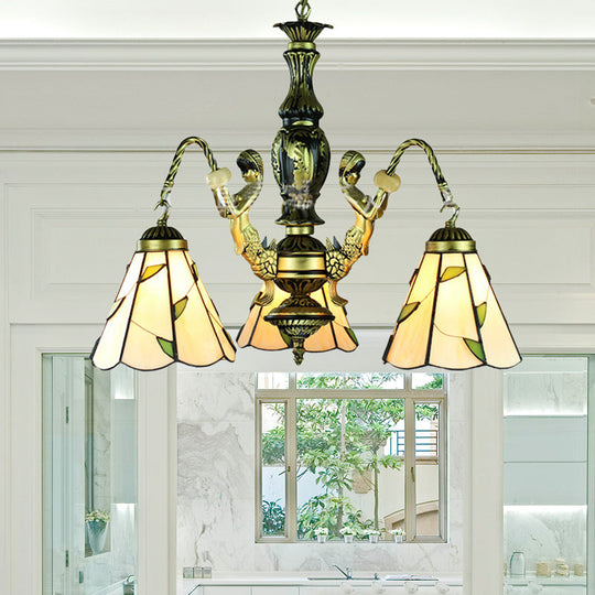 Beige Tiffany 3-Light Chandelier: Mermaid Cut Glass Pendant For Dining Room