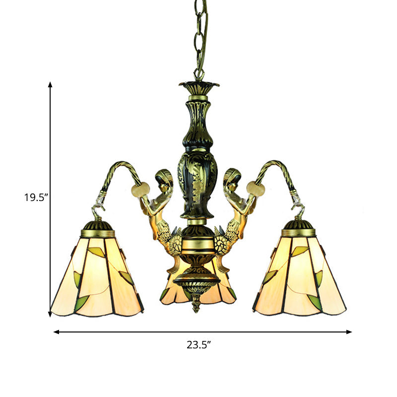 Beige Tiffany 3-Light Chandelier: Mermaid Cut Glass Pendant For Dining Room