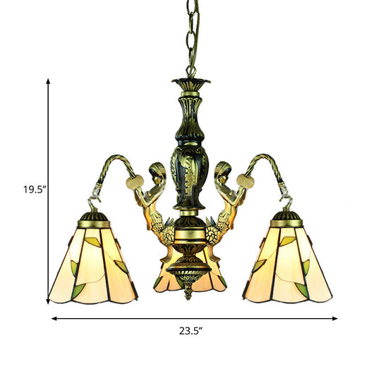 Beige Tiffany 3-Light Chandelier: Mermaid Cut Glass Pendant For Dining Room