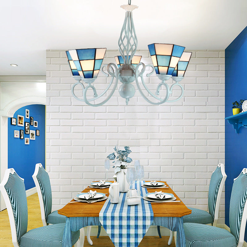 Modern Blue Mosaic Cone Chandelier With 3 Lights For Dining Room Ceiling