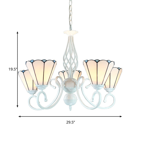 Adjustable White Glass Cone Chandelier With 5 Lights - Traditional Pendant Light For Bedroom