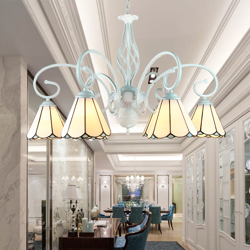 Adjustable Stained Glass Cone Pendant Chandelier With Metal Chain - 6/8 Lights In White Traditional