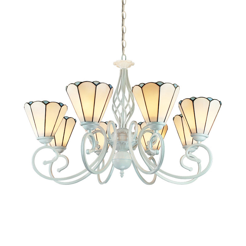 Adjustable Stained Glass Cone Pendant Chandelier With Metal Chain - 6/8 Lights In White Traditional