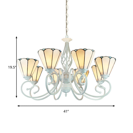 Adjustable Stained Glass Cone Pendant Chandelier With Metal Chain - 6/8 Lights In White Traditional