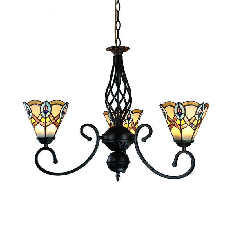 Black Peacock Chandelier With Stained Glass Shades - Rustic Pendant Lamp For Dining Table