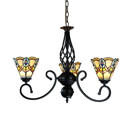 Black Peacock Chandelier With Stained Glass Shades - Rustic Pendant Lamp For Dining Table