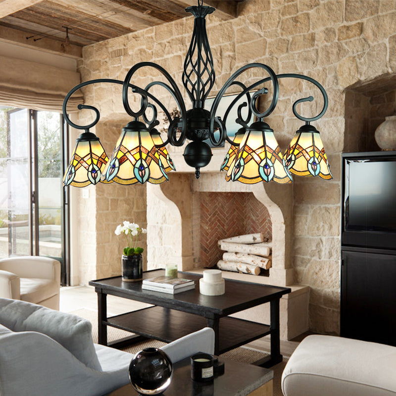 Peacock Design Conical Chandelier With Stained Glass - Rustic Pendant Lighting (6/8 Lights) 6 /