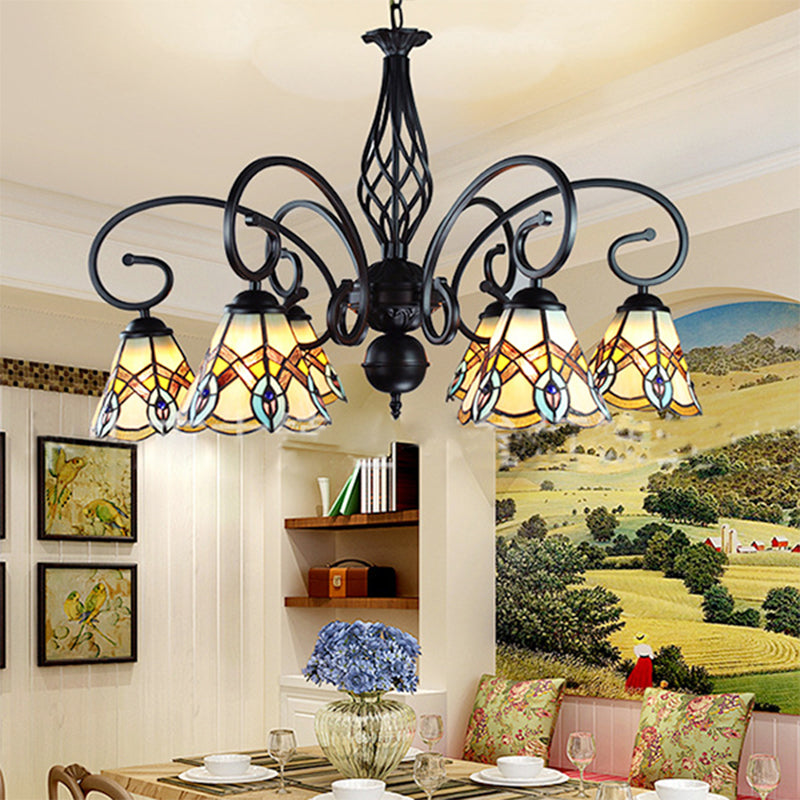 Peacock Design Conical Chandelier With Stained Glass - Rustic Pendant Lighting (6/8 Lights)