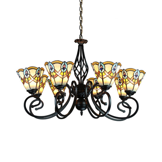 Peacock Design Conical Chandelier With Stained Glass - Rustic Pendant Lighting (6/8 Lights)
