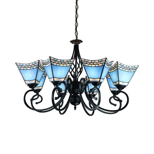 Stained Glass Nautical Chandelier With Pyramid Shade - Multi-Glass Living Room Lighting In Blue