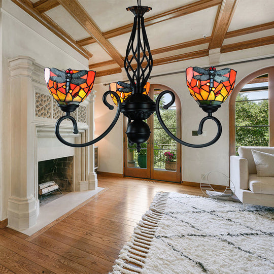 Dragonfly Stained Glass Suspension Light: Lodge Style Multi-Color Chandelier For Foyer Orange