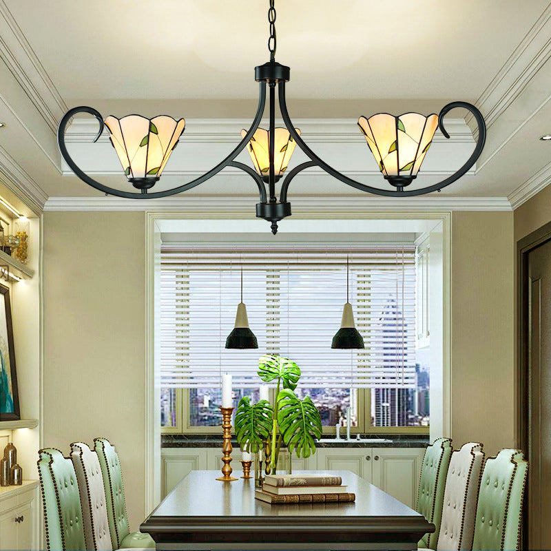 Rustic Leaf Pendant Light With Cone Shade And Adjustable Chain - 3 Beige Glass Chandelier For Foyer