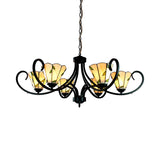 Tiffany Cone Chandelier Lamp With Stained Glass Indoor Lighting - 5/6/8 Heads Black Curved Frame
