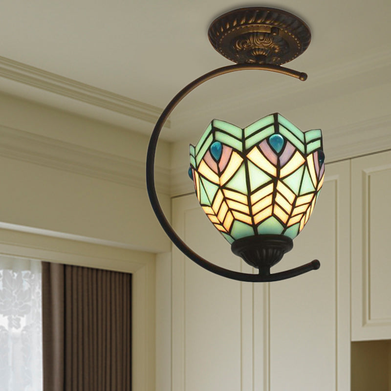 Blue Stained Glass Peacock Ceiling Mount Light - Tiffany Style Creative Lamp For Cafes