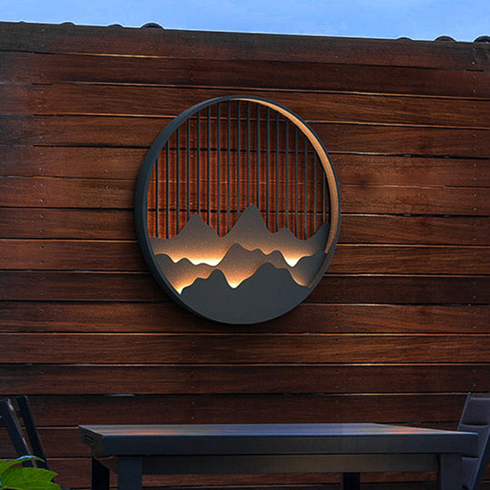 Round Mountain Wall Sconce - Asian Style Metallic Led Black Mount Lighting Fixture