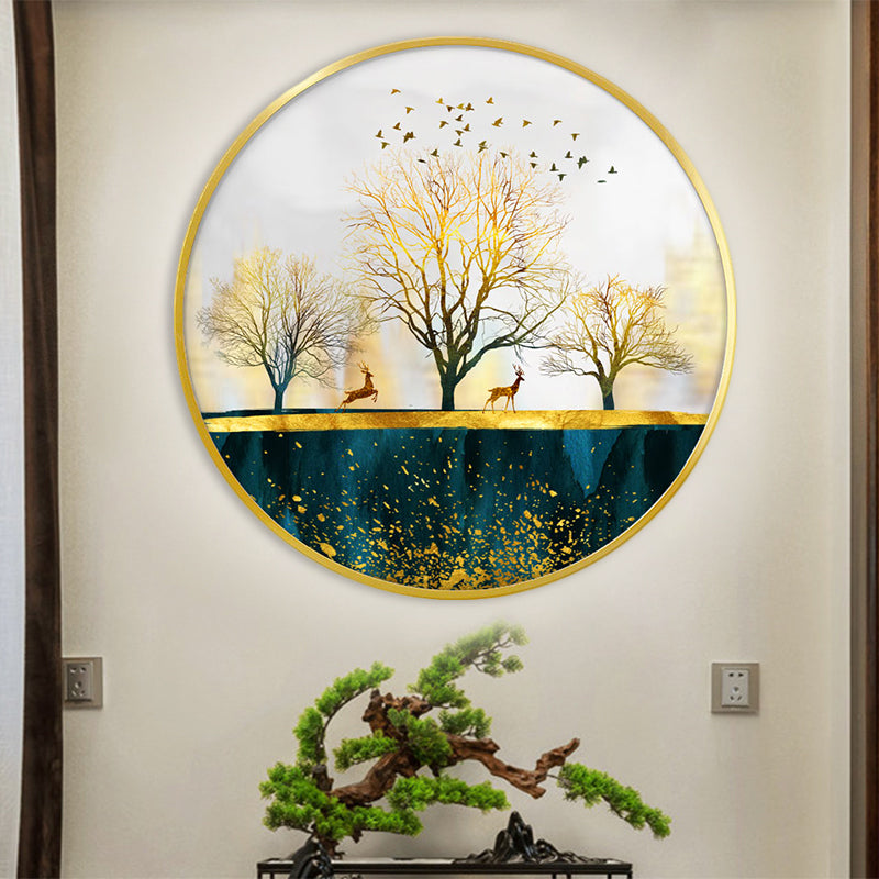 Green Asian Led Wall Mounted Light With Elk Bird And Tree Pattern