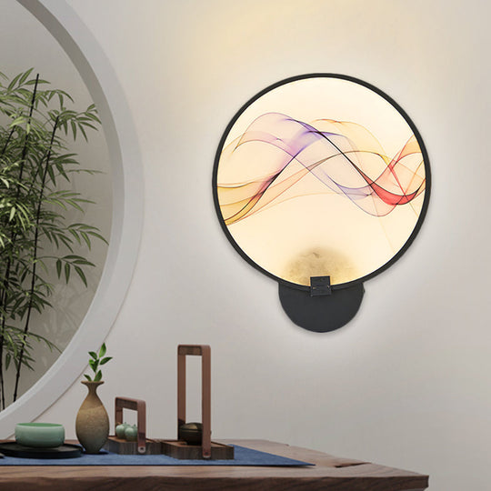 Silk Flush Wall Mural Sconce: Circle Design Led Mounted Lighting Fixture In Asia Fabric White/Beige
