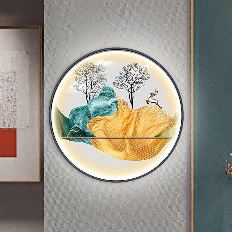 Asian-Style Led Fabric Wall Mural Mount Lamp - Yellow/Green Circle Light With Landscape Pattern