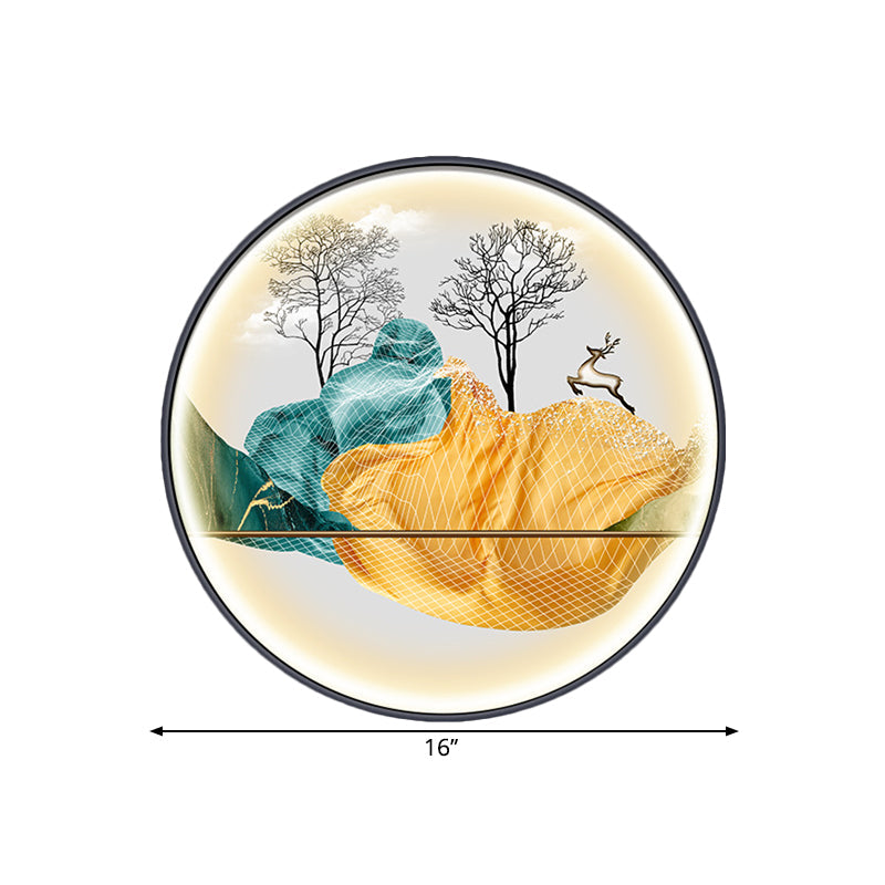 Asian-Style Led Fabric Wall Mural Mount Lamp - Yellow/Green Circle Light With Landscape Pattern
