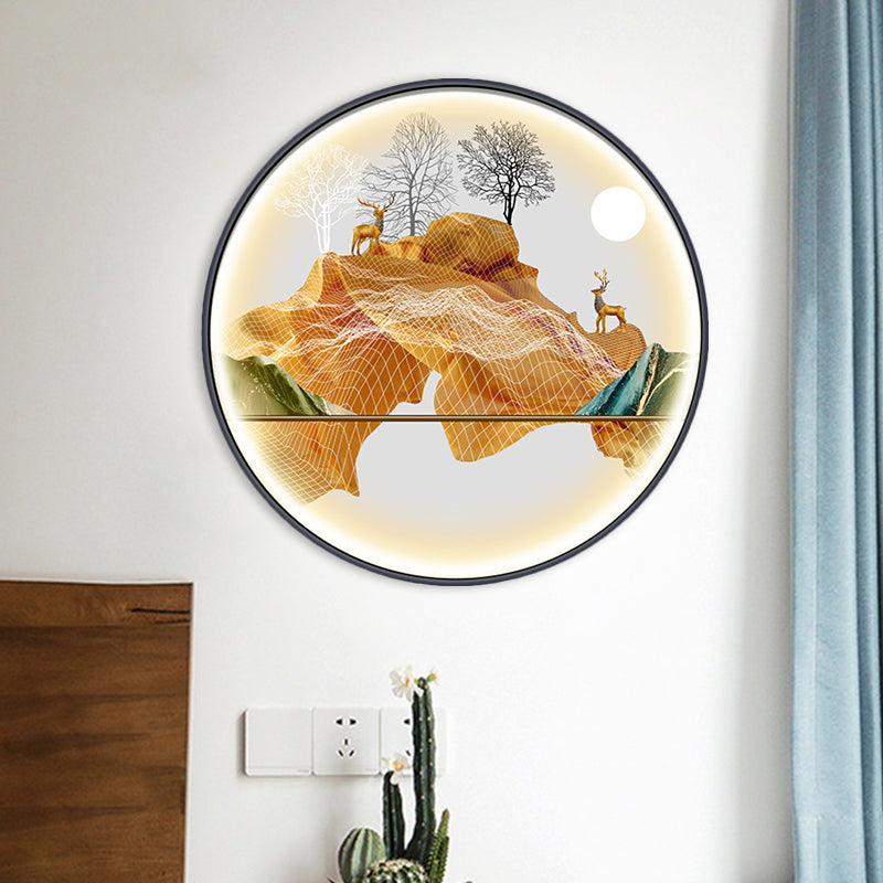 Asian-Style Led Fabric Wall Mural Mount Lamp - Yellow/Green Circle Light With Landscape Pattern