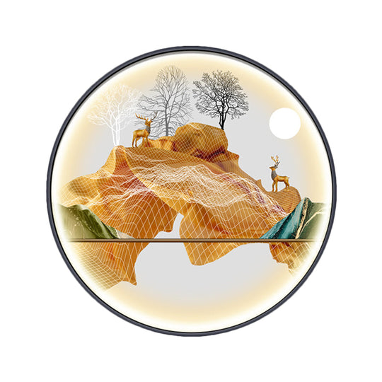 Asian-Style Led Fabric Wall Mural Mount Lamp - Yellow/Green Circle Light With Landscape Pattern