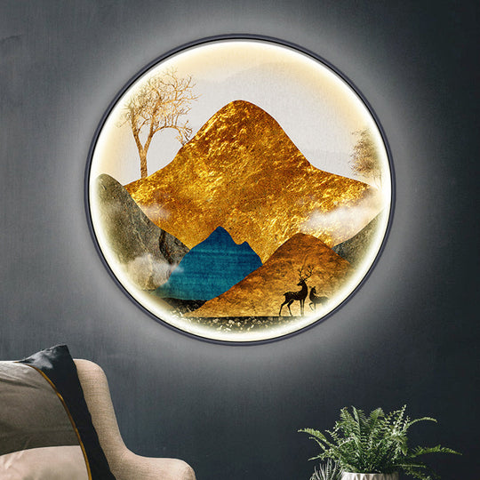 Asian-Style Led Fabric Wall Mural Mount Lamp - Yellow/Green Circle Light With Landscape Pattern