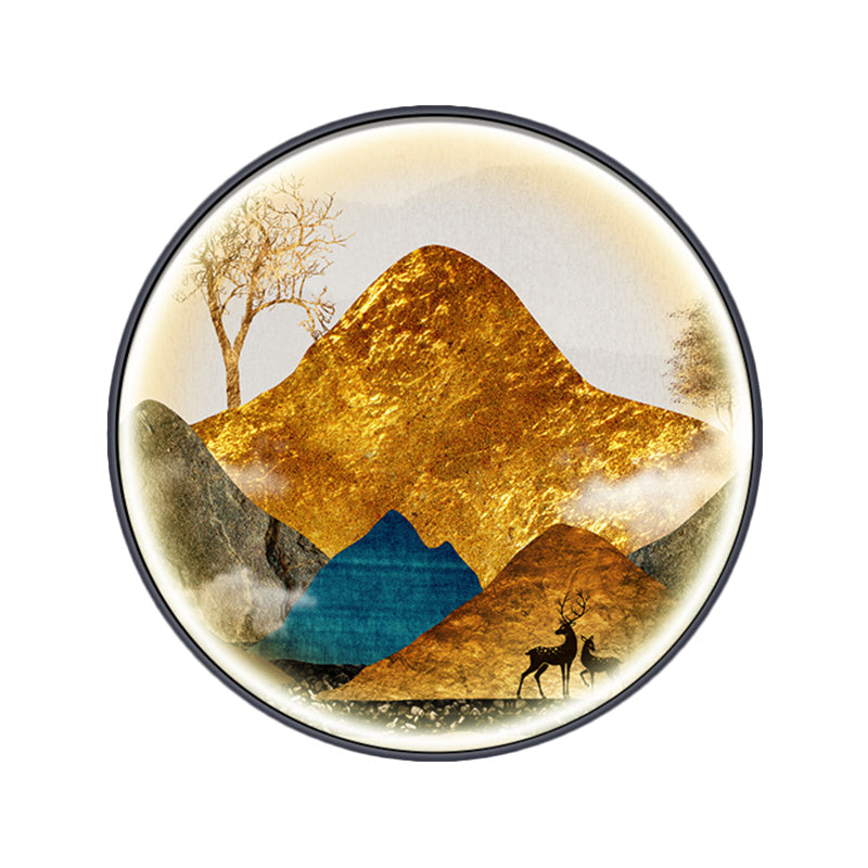 Asian-Style Led Fabric Wall Mural Mount Lamp - Yellow/Green Circle Light With Landscape Pattern