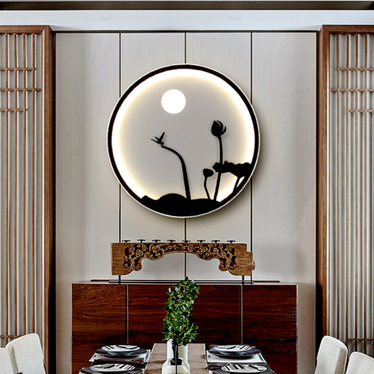 Metallic Round Asian Style Led Wall Mounted Light With Moon And Bird/Lotus Pattern - Black / B