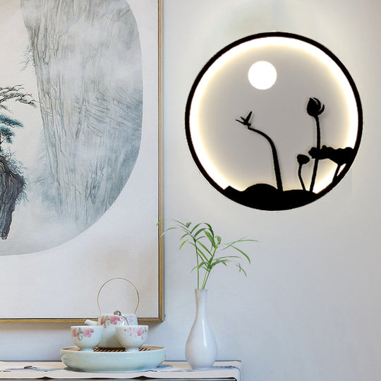 Metallic Round Asian Style Led Wall Mounted Light With Moon And Bird/Lotus Pattern - Black