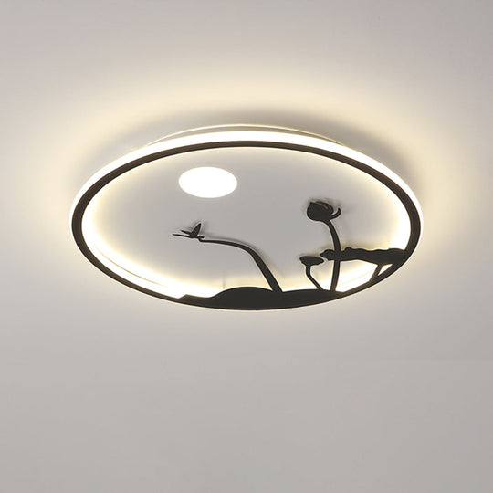 Metallic Round Asian Style Led Wall Mounted Light With Moon And Bird/Lotus Pattern - Black