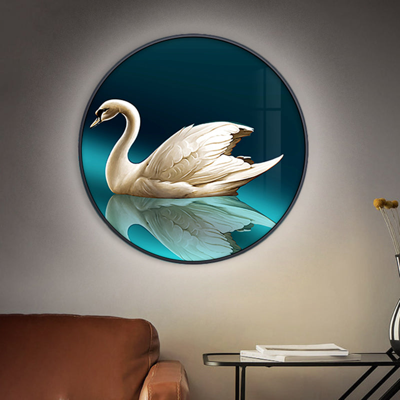 Green Led Asian Style Wall Lamp With Swan Pattern - Circle Metal Mural Lighting Ideas Left/Right