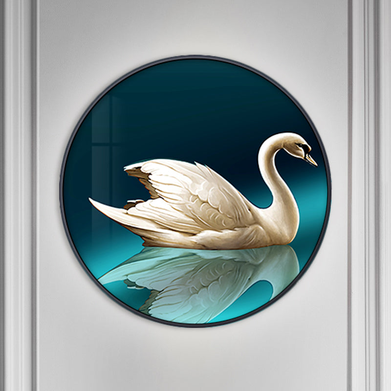 Green Led Asian Style Wall Lamp With Swan Pattern - Circle Metal Mural Lighting Ideas Left/Right