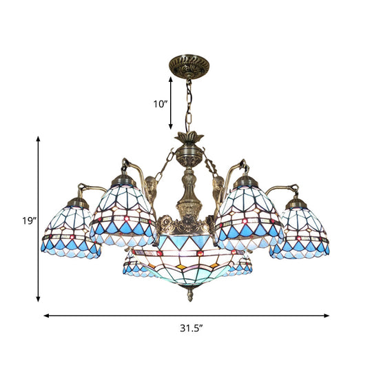 Tiffany Style Domed Chandelier - Mermaid Blue Ceiling Lamp With Cut Glass 7/9 Lights