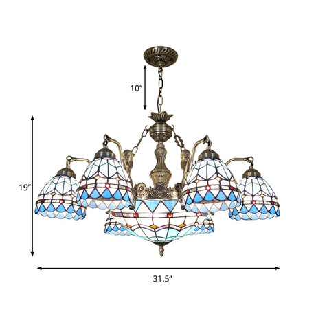 Tiffany Blue Domed Cut Glass Chandelier With Mermaid Decoration - 7/9 Lights Ceiling Lamp