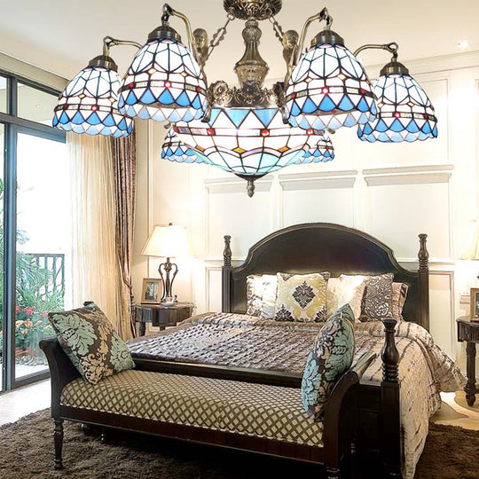 Blue Stained Glass Tiffany Pendant Lamp With 7/9 Light Cone Ceiling Chandelier 7 /