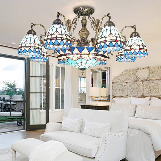 Blue Stained Glass Tiffany Pendant Lamp With 7/9 Light Cone Ceiling Chandelier