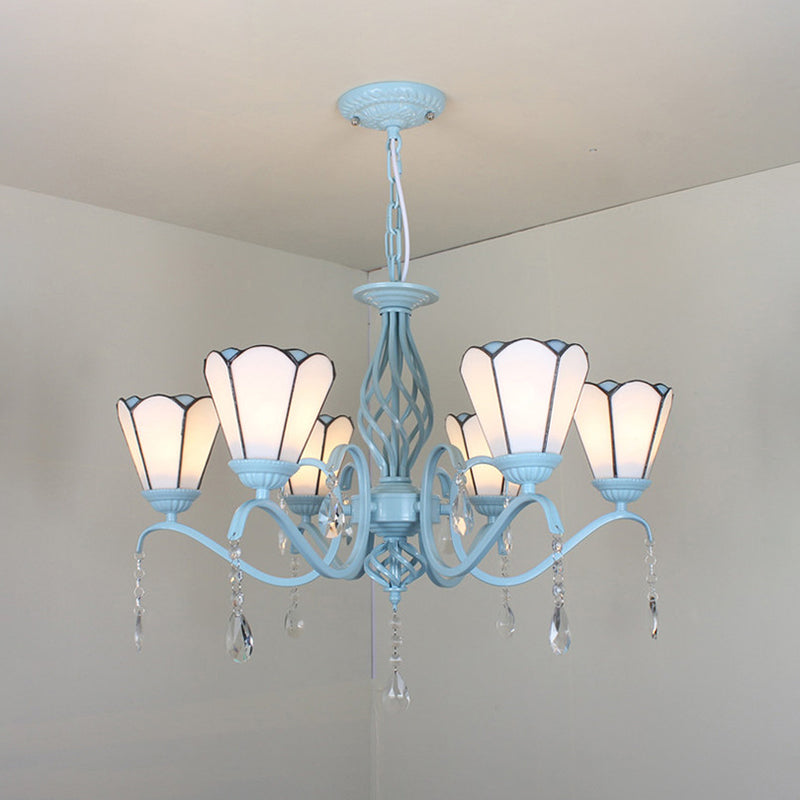 Tiffany Style Stained Glass Cone Pendant Chandelier - Adjustable Chain White/Blue/Clear Perfect For