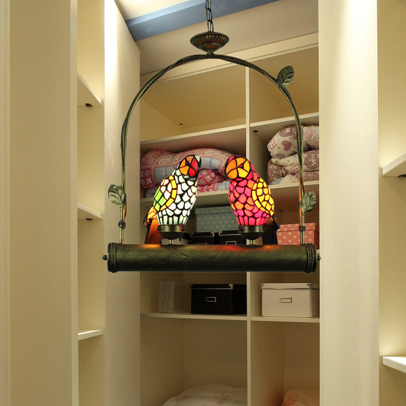 Tiffany Style Parrot Ceiling Light With Swing Perch - Blue/Pink & Red/Yellow Stainless Glass