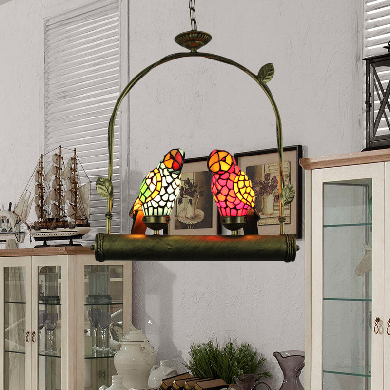 Tiffany Style Parrot Ceiling Light With Swing Perch - Blue/Pink & Red/Yellow Stainless Glass
