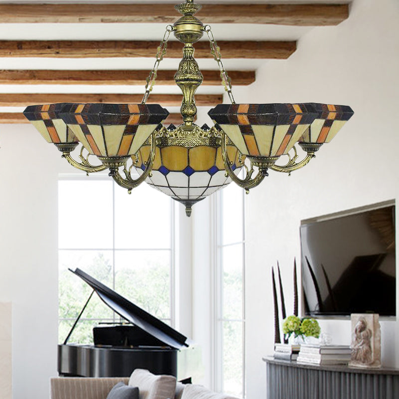 Vintage Tiffany-Style Yellow Shuttlecock Chandelier With Central Dome And Art Glass / Trapezoid