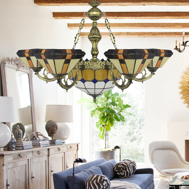 Vintage Tiffany-Style Yellow Shuttlecock Chandelier With Central Dome And Art Glass